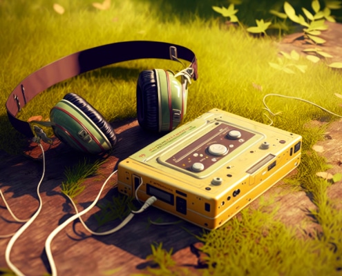 summer walks and picnic old vintage walkman cassette player with headphones